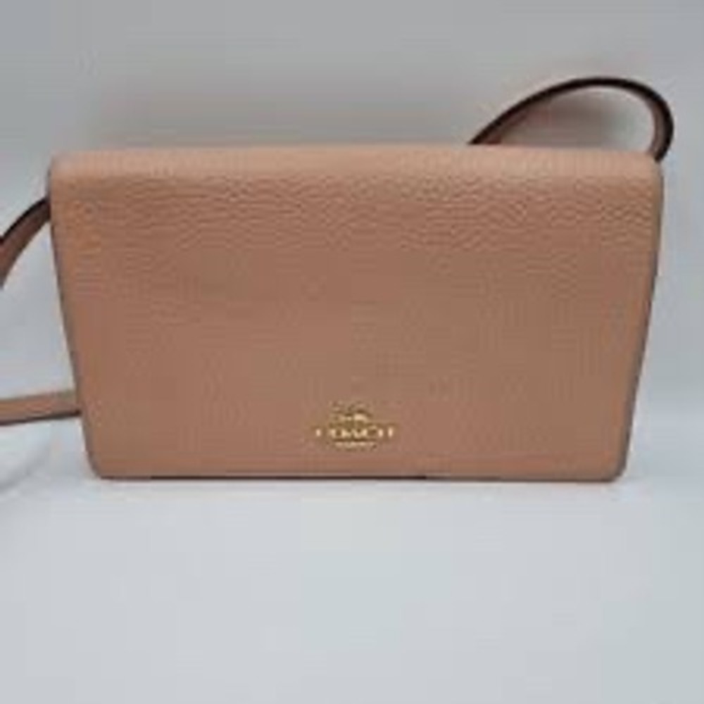 Coach Pebbled Leather Envelope Wallet Crossbody Nude Foldover Clutch Gold HW WOC - Picture 7 of 10